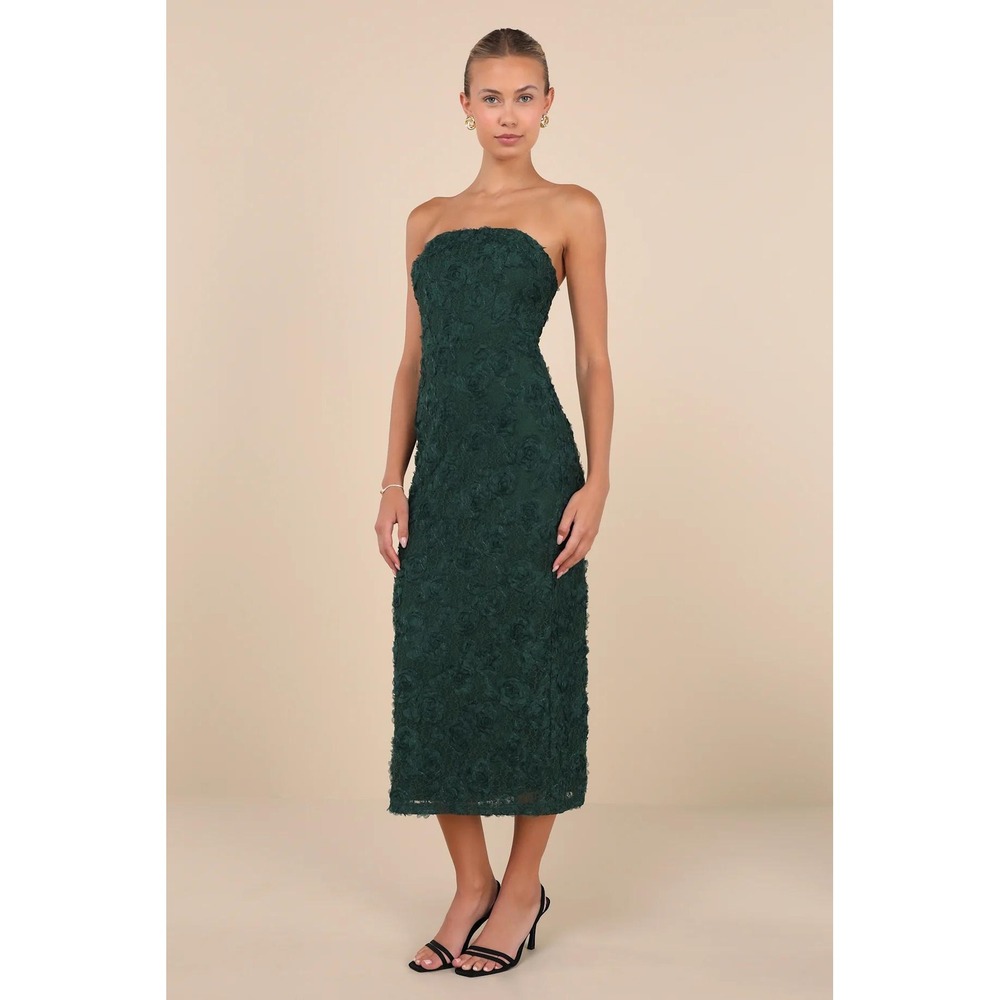 Lulus Flawless Perfection Emerald Floral Applique Strapless Midi Dress Size XS